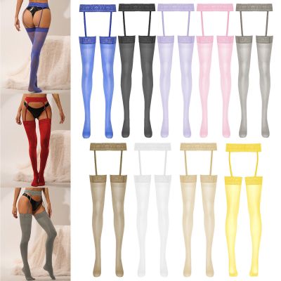 Women Oil Glossy Stecthy Lace Top Thigh High Stocking Suspender Tights Pantyhose